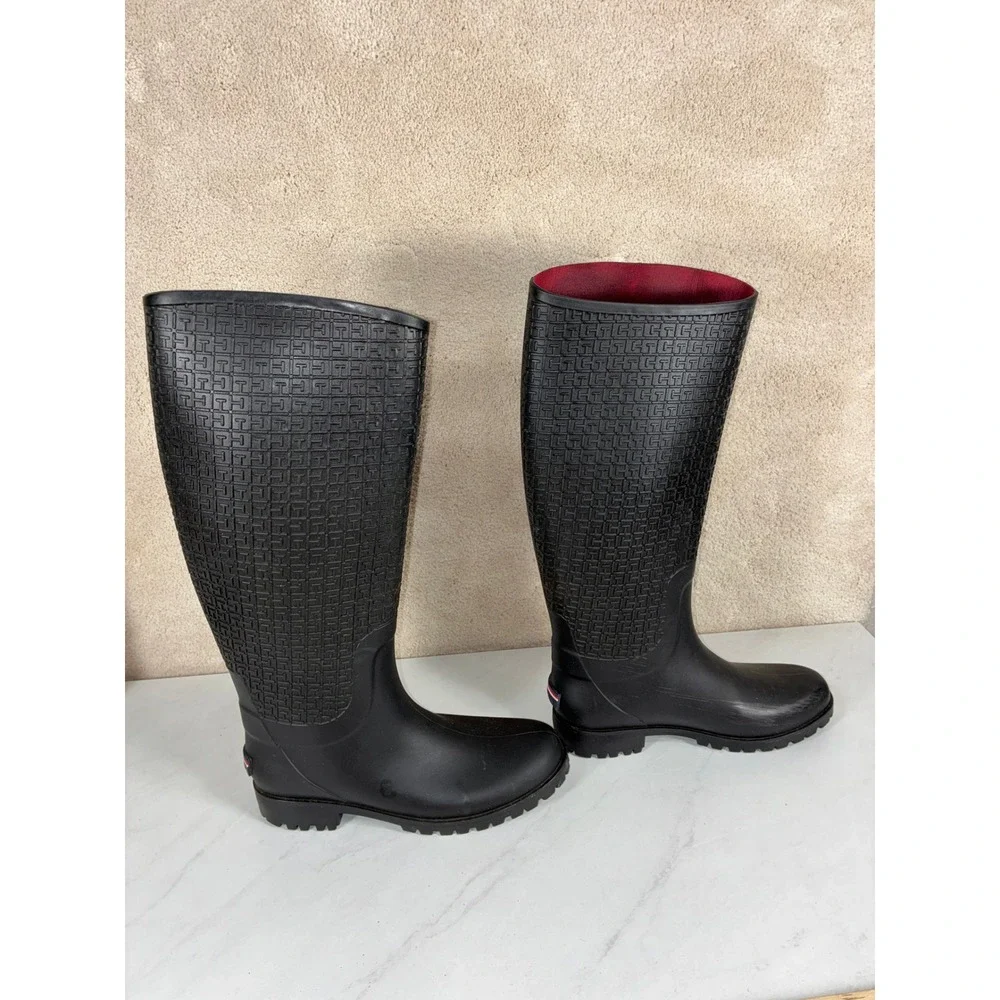 Tommy Hilfiger Black Rain Boots - 10 - Monogram Logo Lug Sole #Preppy #RainyDay